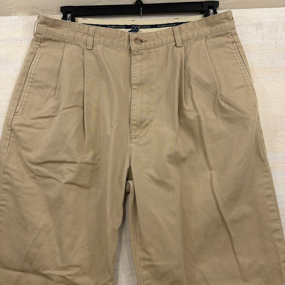 VTG Polo Ralph Lauren Chino Andrew Pant Pleated Cuffed Khaki Tan Mens 36x32 - Picture 3 of 9